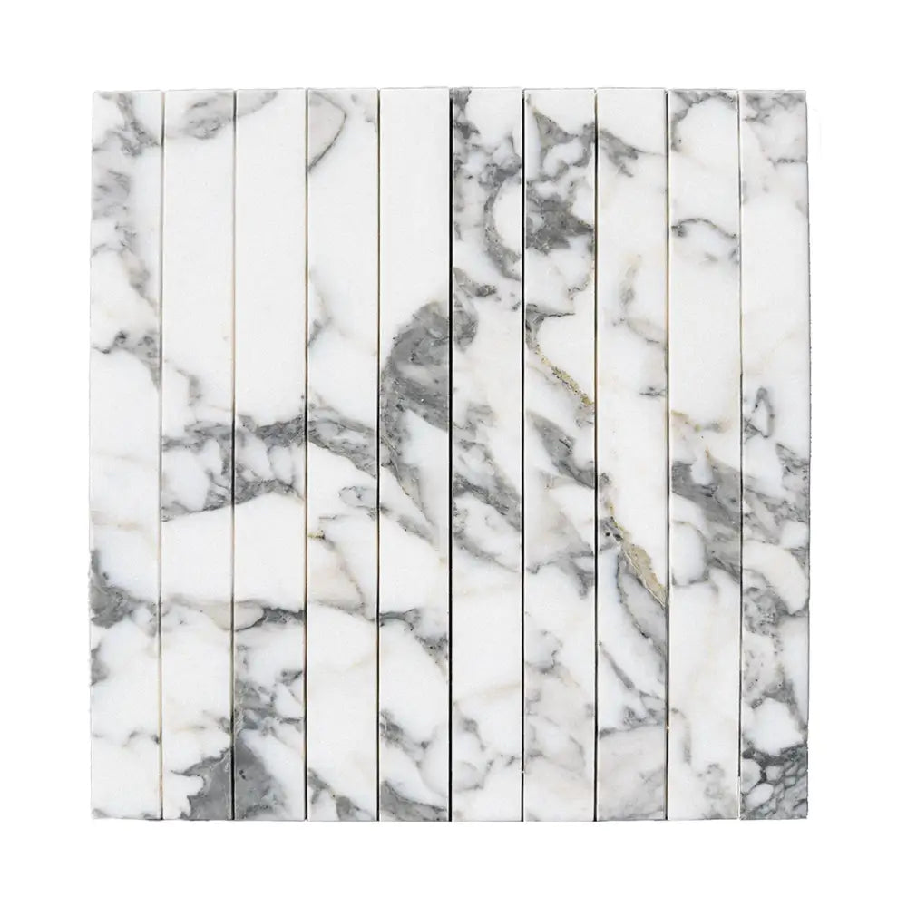 White marble tile arrangement of Arabescato Corchia Elite Mosaic for luxurious flooring