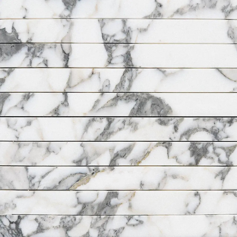 Marble tile pattern featuring Arabescato Corchia Elite marble mosaic 1 1/8 x 12