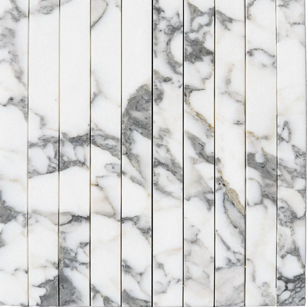 White and gray marble tile strips from Arabescato Corchia Elite Marble Mosaic