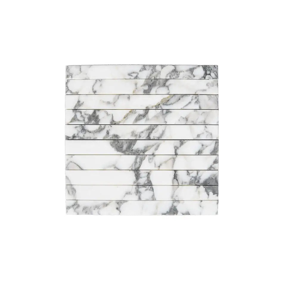 Marble-patterned stacked tiles from Arabescato Corchia Elite Marble Mosaic collection