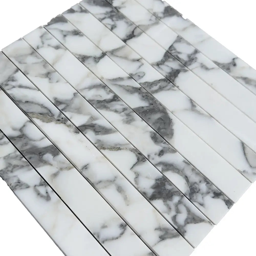 White and gray marble tile strips for Arabescato Corchia Elite Mosaic flooring