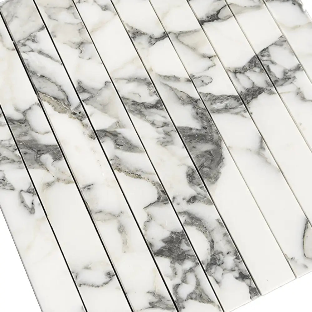 White marble tile strips from Arabescato Corchia Elite Marble Mosaic collection
