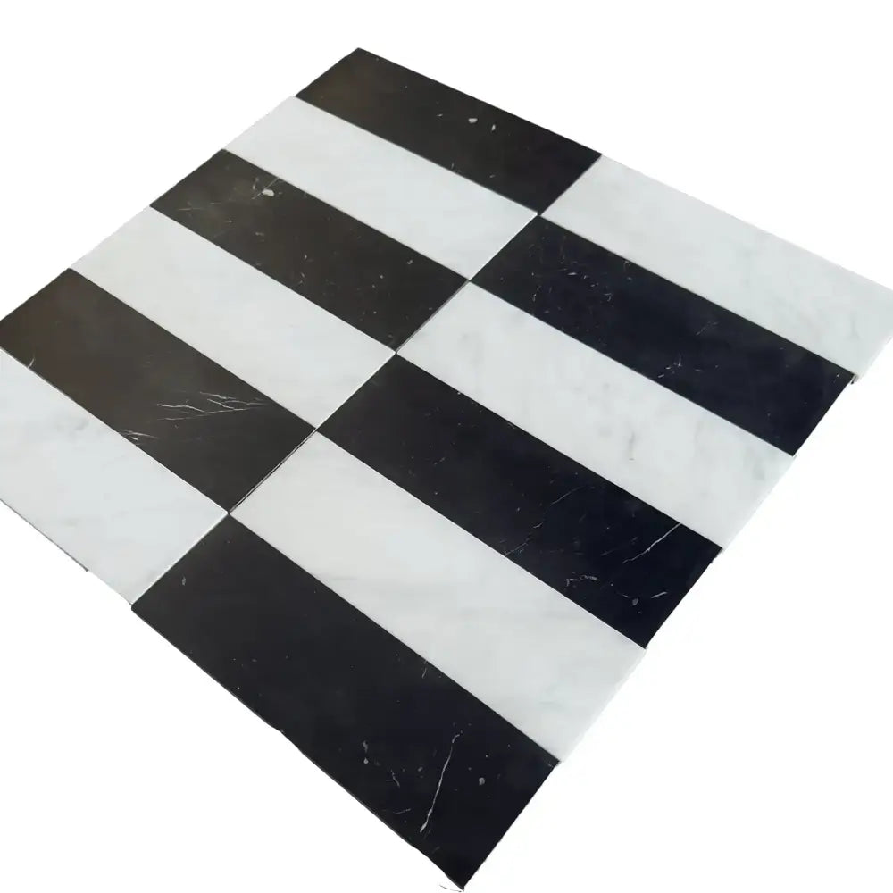 Black and white checkered tiles from Arezzo in Carrara White Royale and Nero Marquina Prestige 4X12 set