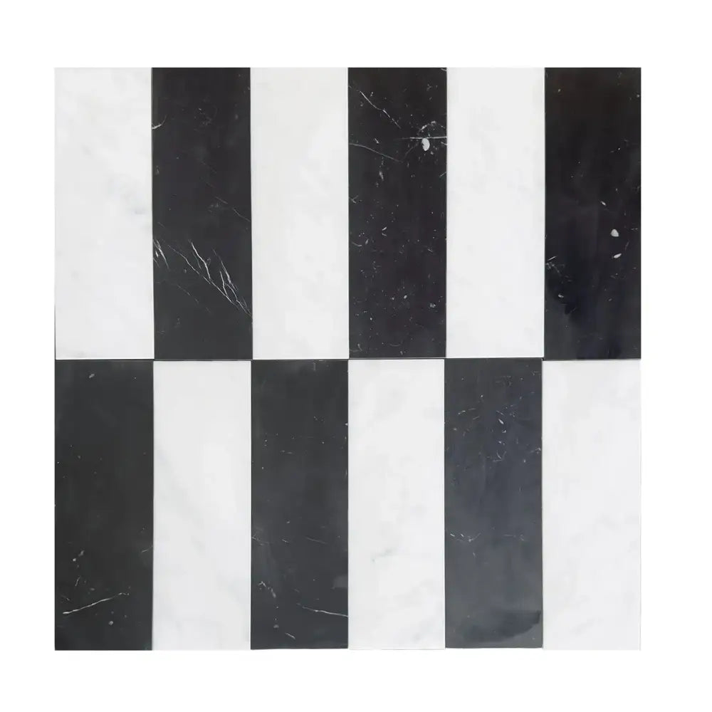 Black and white checkered tile from Arezzo in Carrara White Royale and Nero Marquina Prestige 4X12 Set