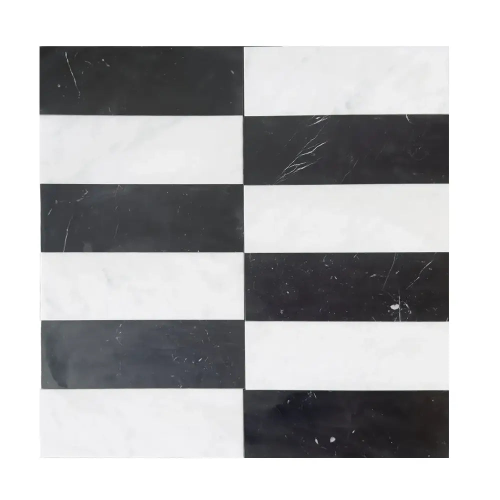 Black and white marble tile pattern from Arezzo in Carrara White Royale and Nero Marquina Prestige set