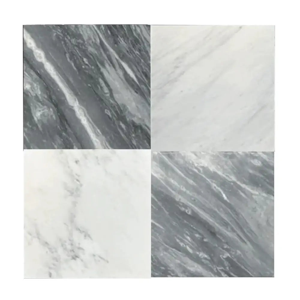 Four marble-patterned tiles from Bardiglio Prime Imperiale 12X12 Marble Tumbled collection