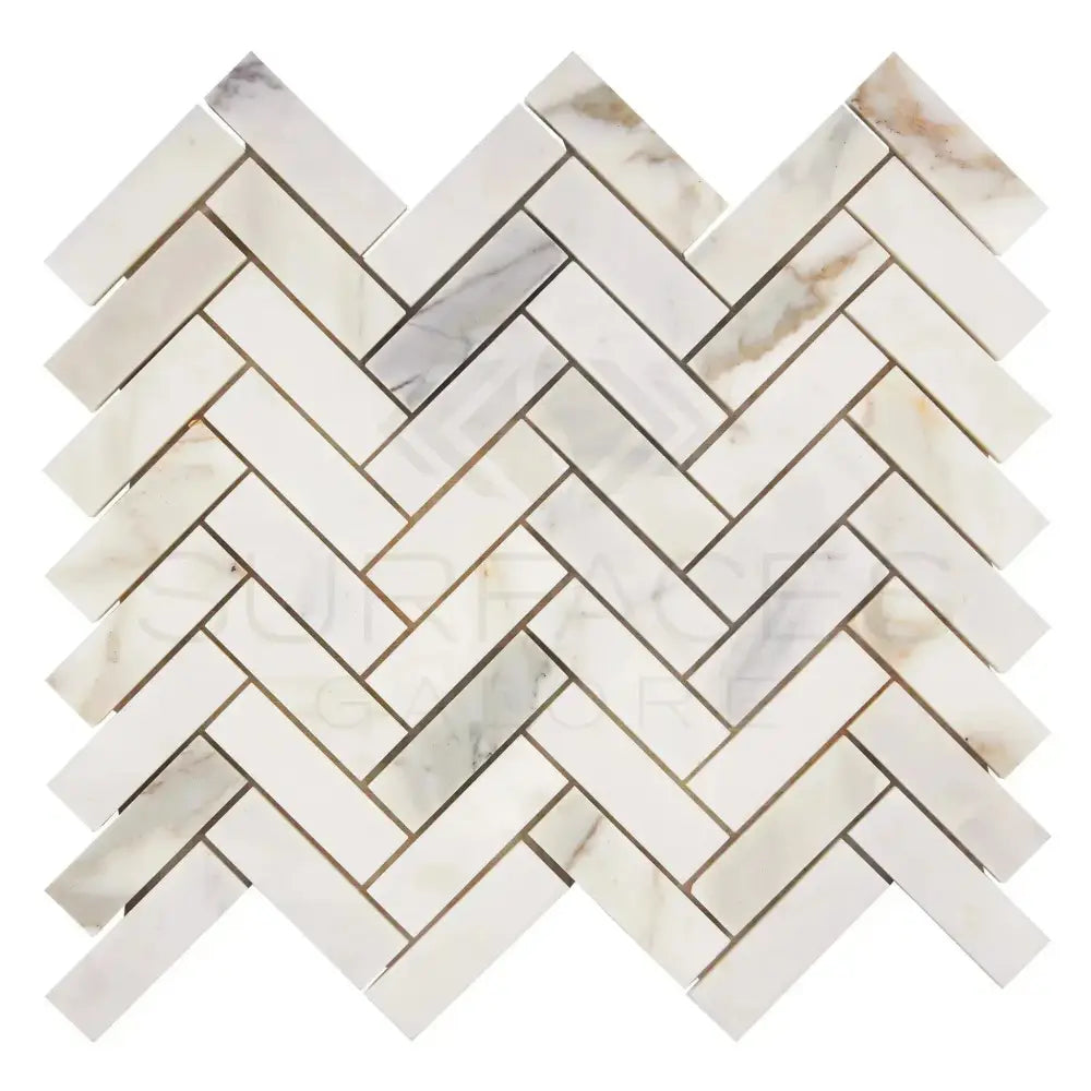 Herringbone marble tile pattern with Calacatta Gold Select mosaic in polished or honed finish
