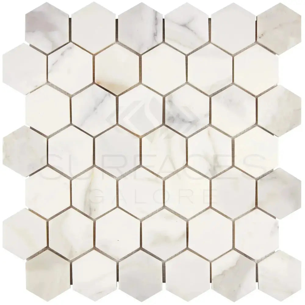 Calacatta Gold Select 2-inch Hexagon Marble Tile Mosaic for elegant flooring or walls