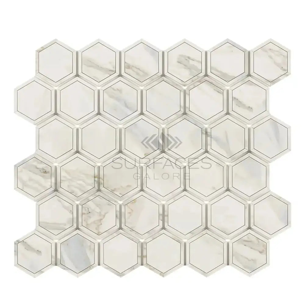 Hexagonal marble mosaic tile sheet featuring Calacatta Gold Select Gold finish