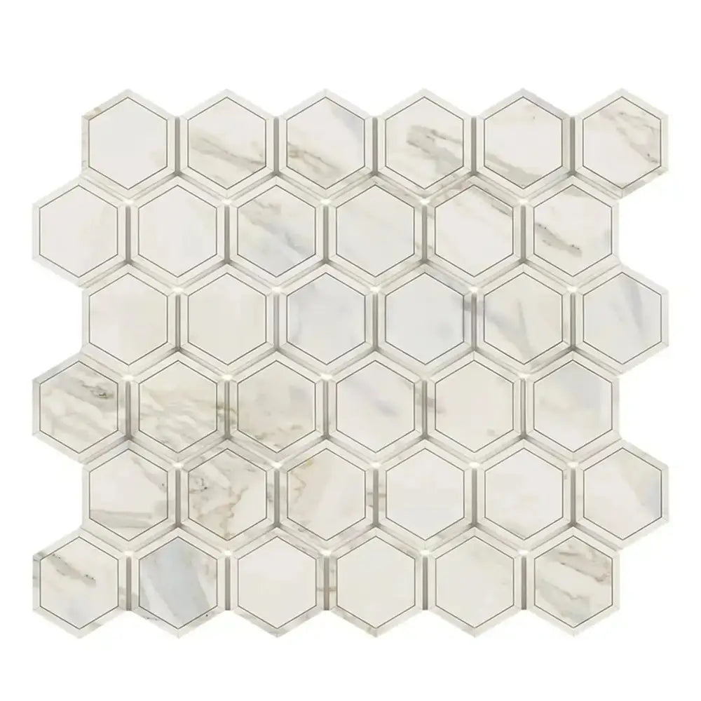 Hexagonal marble mosaic tile sheet with Calacatta Gold Select Gold finish