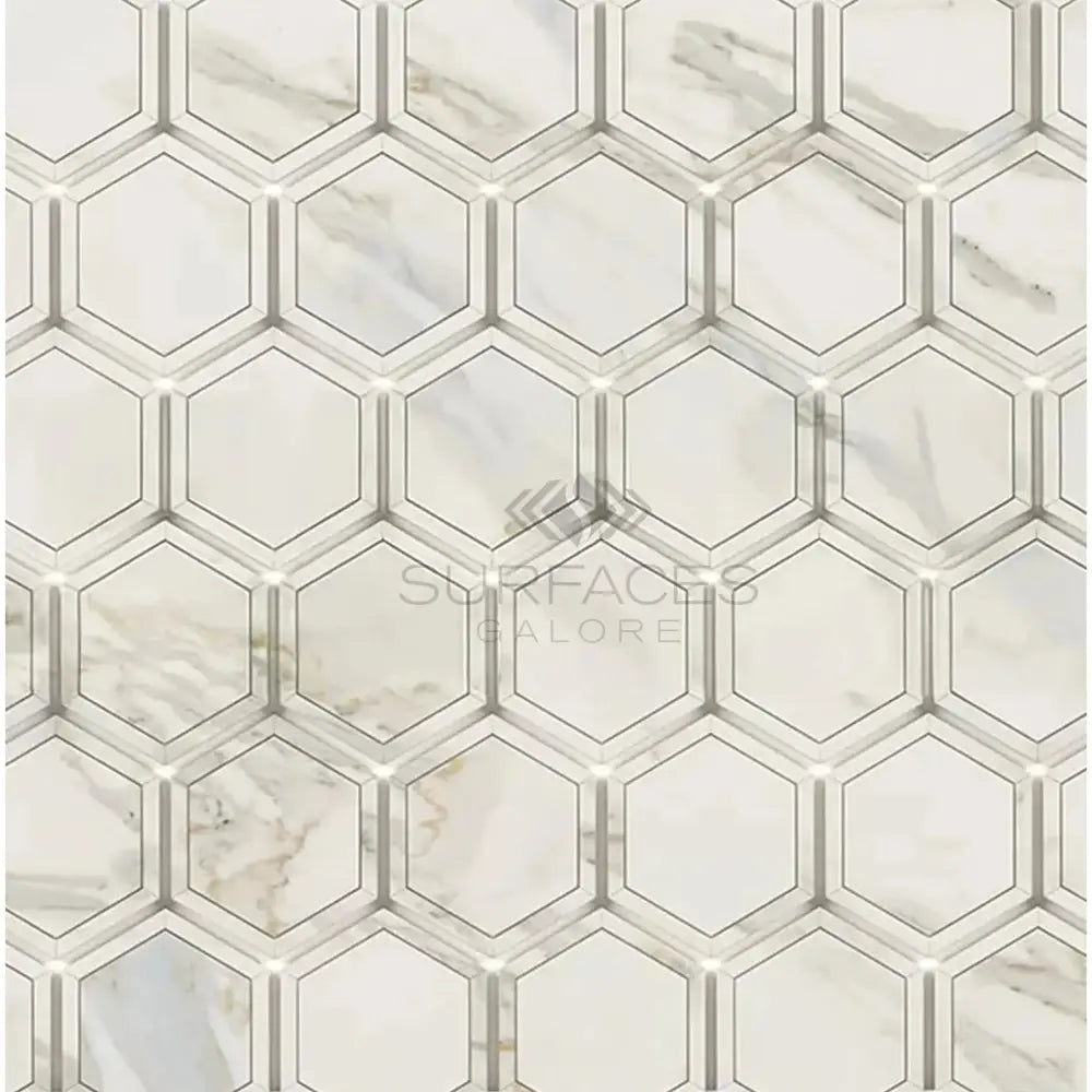 Hexagonal marble tile pattern featuring Calacatta Gold Select Gold mosaic marble tile