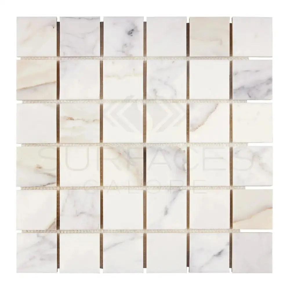Square marble mosaic tile sheet with Calacatta Gold veining for elegant flooring or wall design