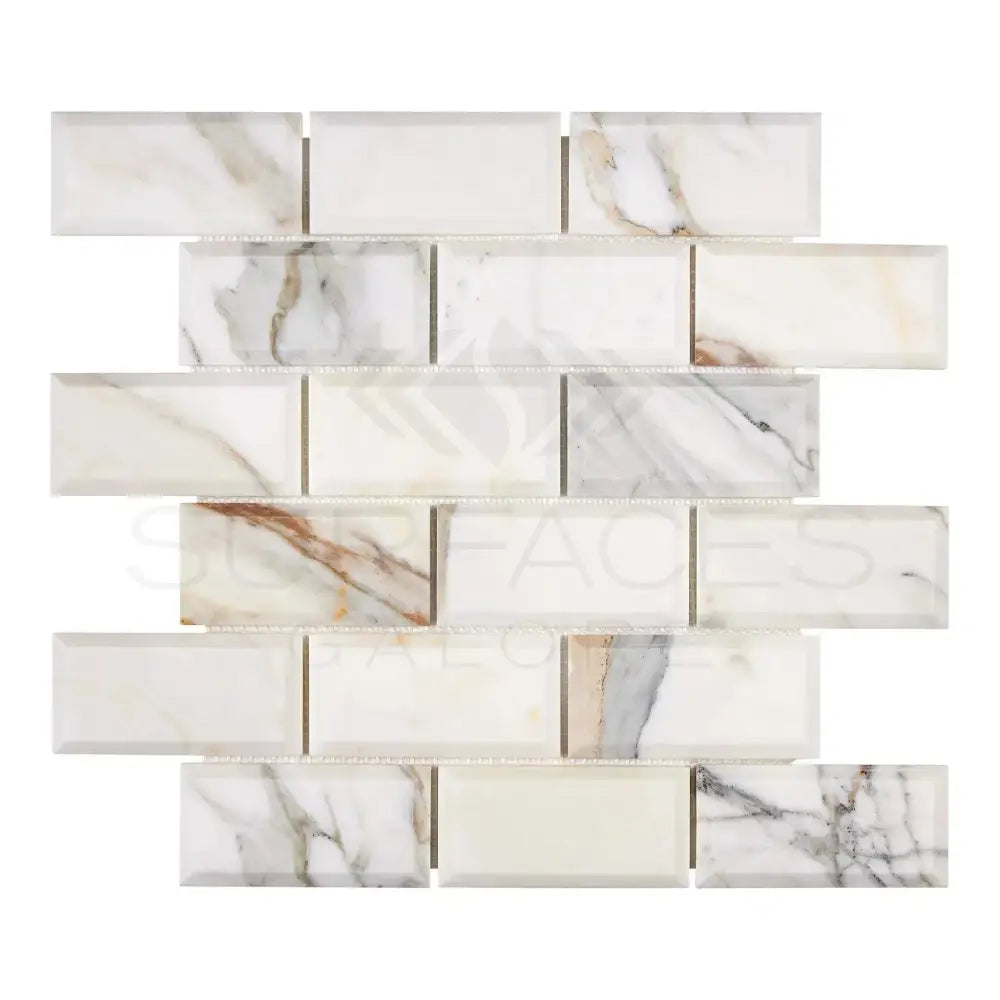 Calacatta Oro (Gold) Select 2X4 Deep-Beveled Brick Mosaic Marble Tile Polished-Honed-American Stone