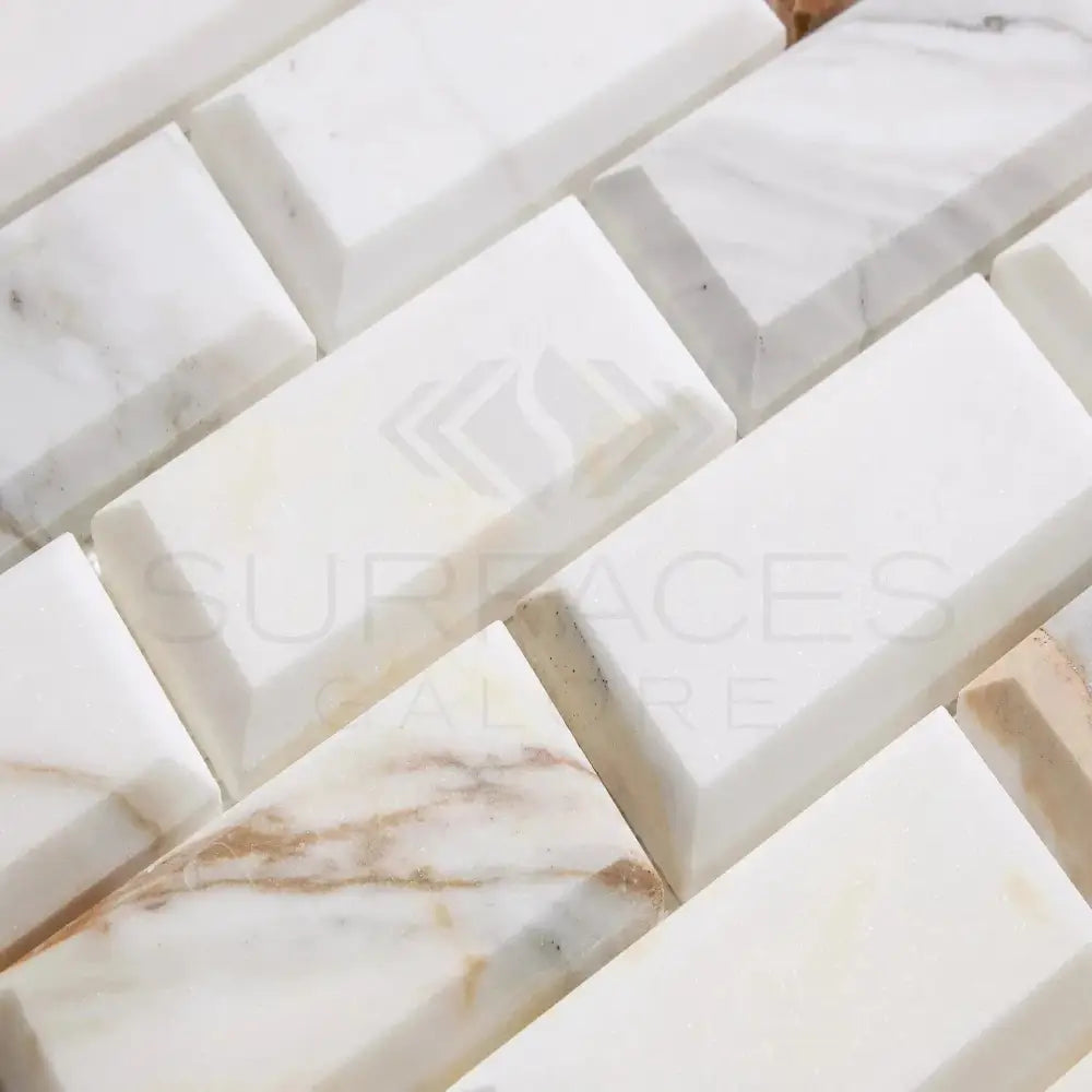 Calacatta Oro (Gold) Select 2X4 Deep-Beveled Brick Mosaic Marble Tile Polished-Honed-American Stone