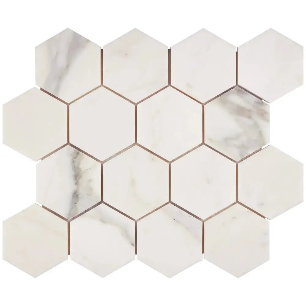 White marble hexagon tile mosaic from Calacatta Gold Select for polished or honed surfaces