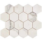 White marble hexagon tile mosaic from Calacatta Gold Select for polished or honed surfaces
