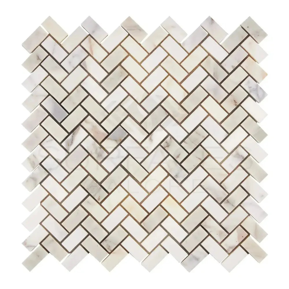 Calacatta Gold Select marble tile in Herringbone pattern for elegant floor or backsplash design