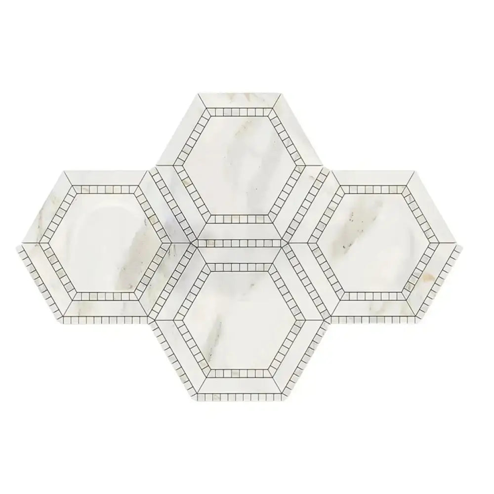 Hexagonal Calacatta Gold marble mosaic tile sheet for elegant flooring and wall design