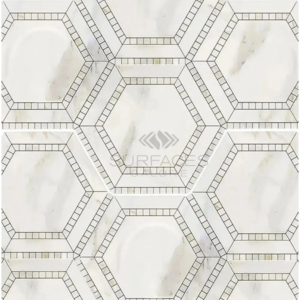 Hexagonal marble tile pattern featuring Calacatta Gold Select Gold Mosaic Marble Tile