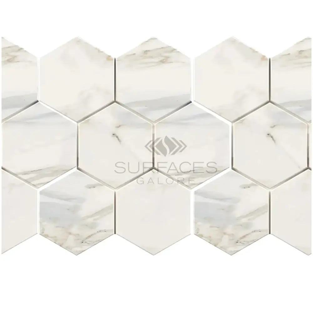 White hexagon marble tile from Calacatta Gold Select 5 inch Hexagon Mosaic collection