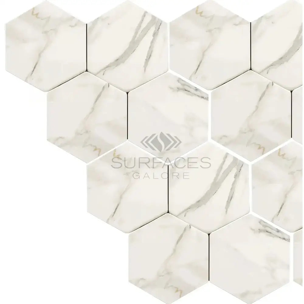 Hexagonal marble mosaic tiles in Calacatta Gold with polished or honed finish