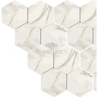 Hexagonal marble mosaic tiles in Calacatta Gold with polished or honed finish