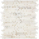 White marble mosaic tile featuring Calacatta Gold with gold bamboo sticks for luxurious interiors