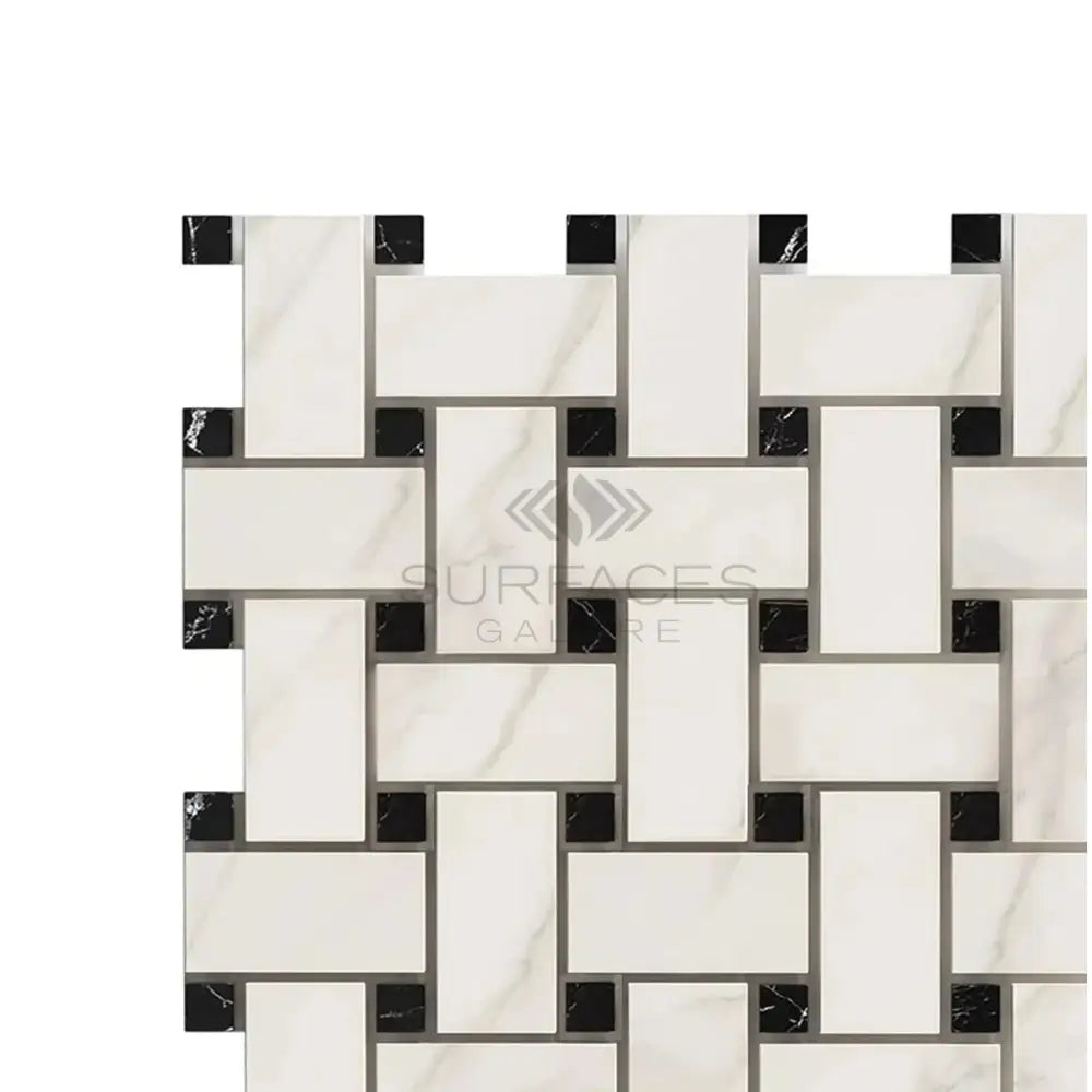Woven pattern of white marble and black square tiles from Calacatta Gold Select Mosaic