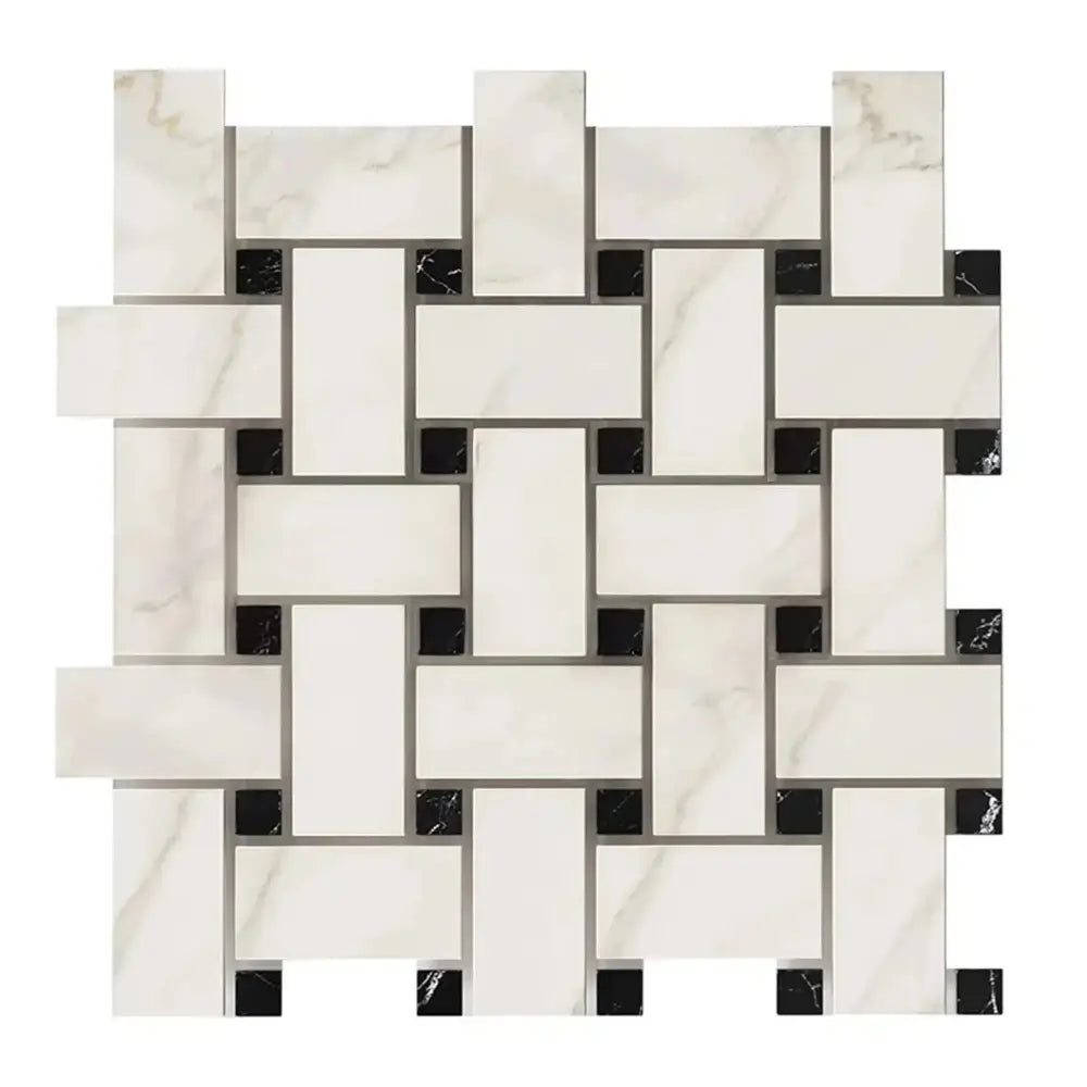 Woven pattern of white and black tiles from Calacatta Gold Select Basketweave Mosaic