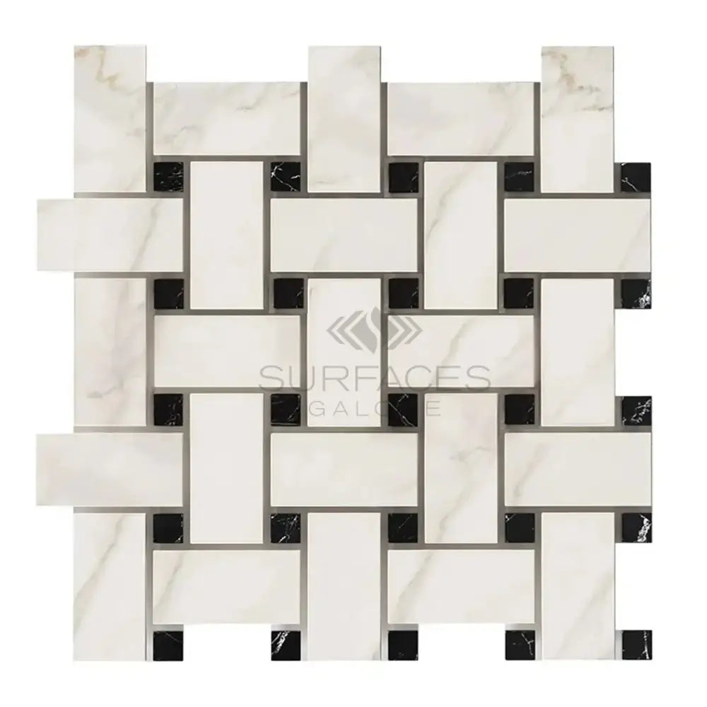 Calacatta Gold Select Gold Basketweave Mosaic with black tiles in woven pattern