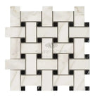 Calacatta Gold Select Gold Basketweave Mosaic with black tiles in woven pattern