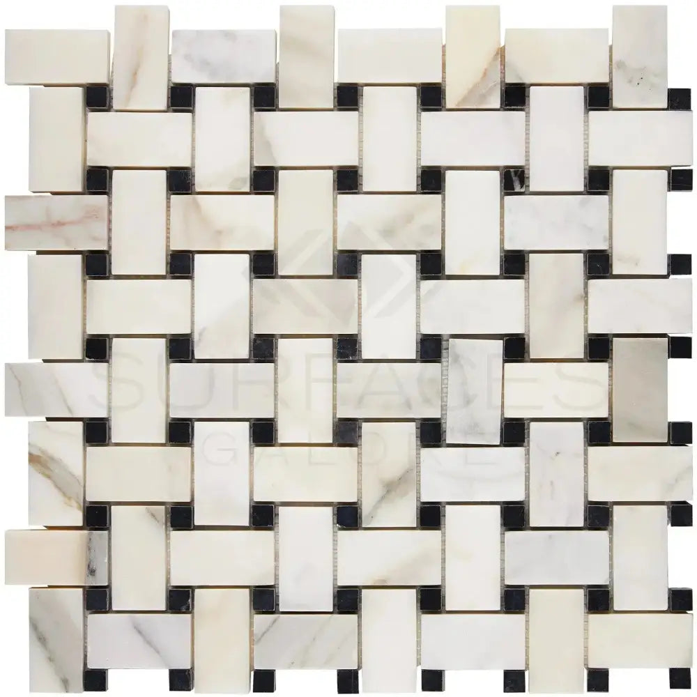 Woven marble and black stone mosaic tile for luxurious Calacatta Gold Basketweave design