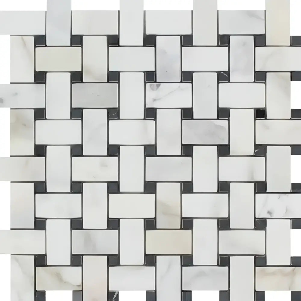 Woven marble mosaic tile from Calacatta Gold Select with black basketweave design
