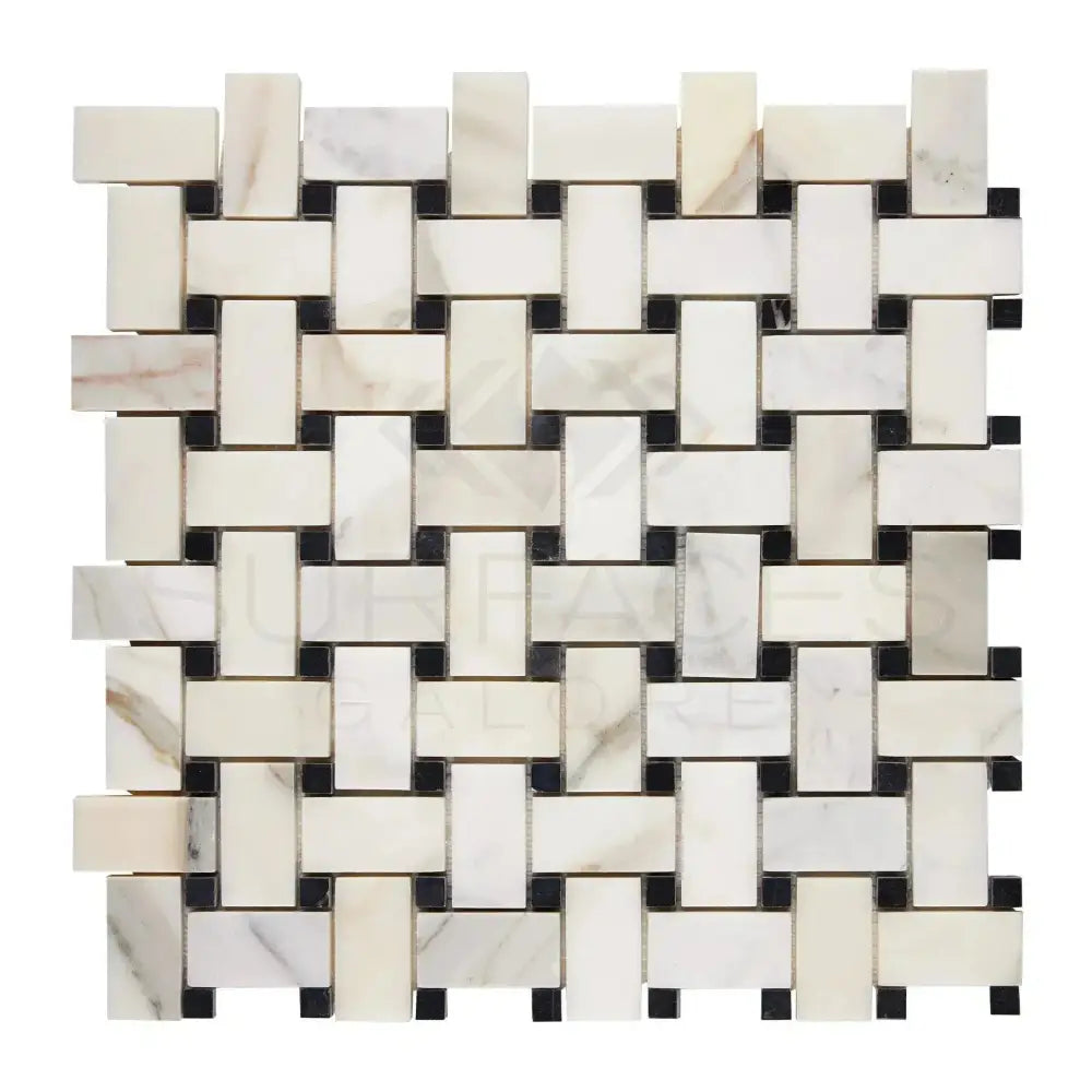 Woven marble and black tile mosaic for luxurious Calacatta Gold Select Basketweave design
