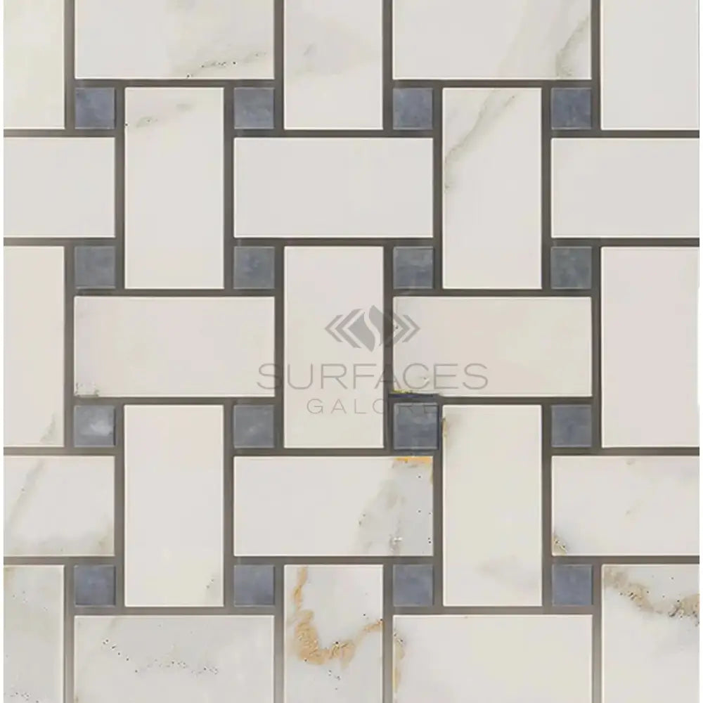 Calacatta Oro (Gold) Select Basketweave Mosaic (w/Blue-Gray-(LARGE)) Mosaic Marble Tile-American Stone