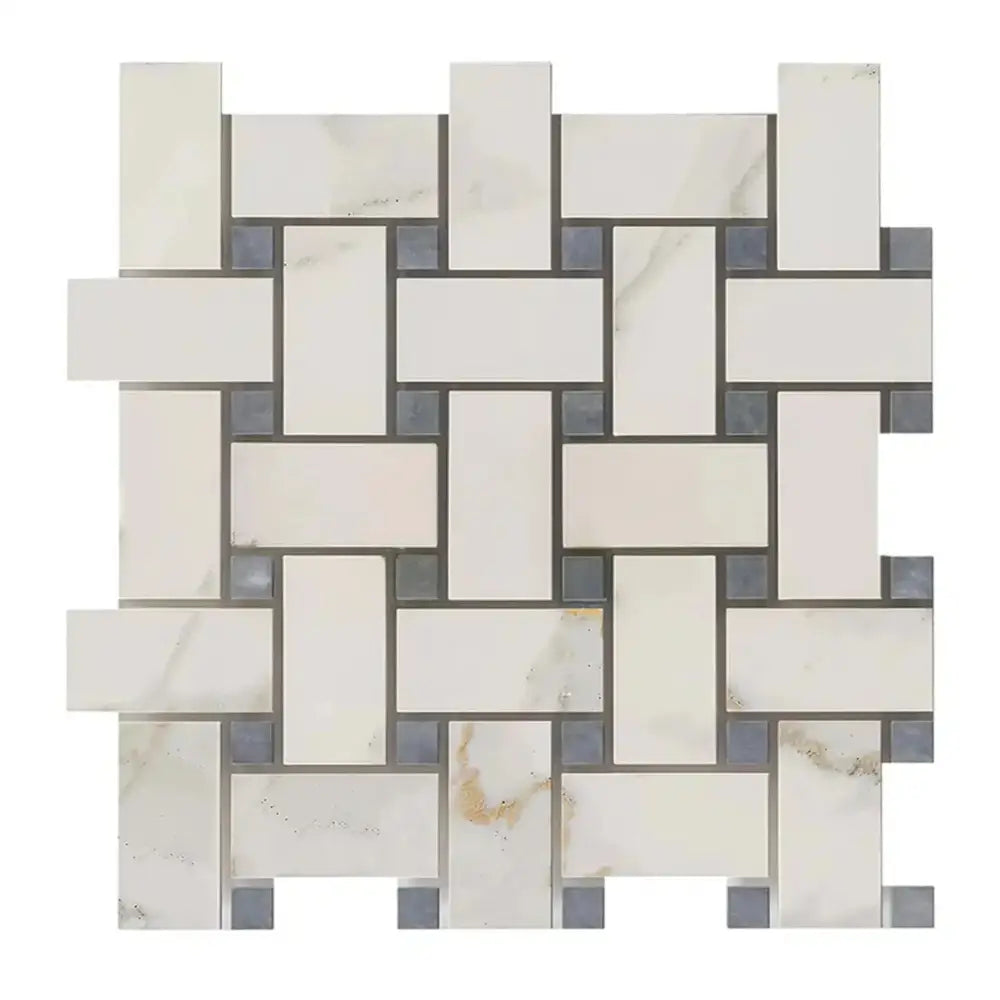 Calacatta Oro (Gold) Select Basketweave Mosaic (w/Blue-Gray-(LARGE)) Mosaic Marble Tile-American Stone