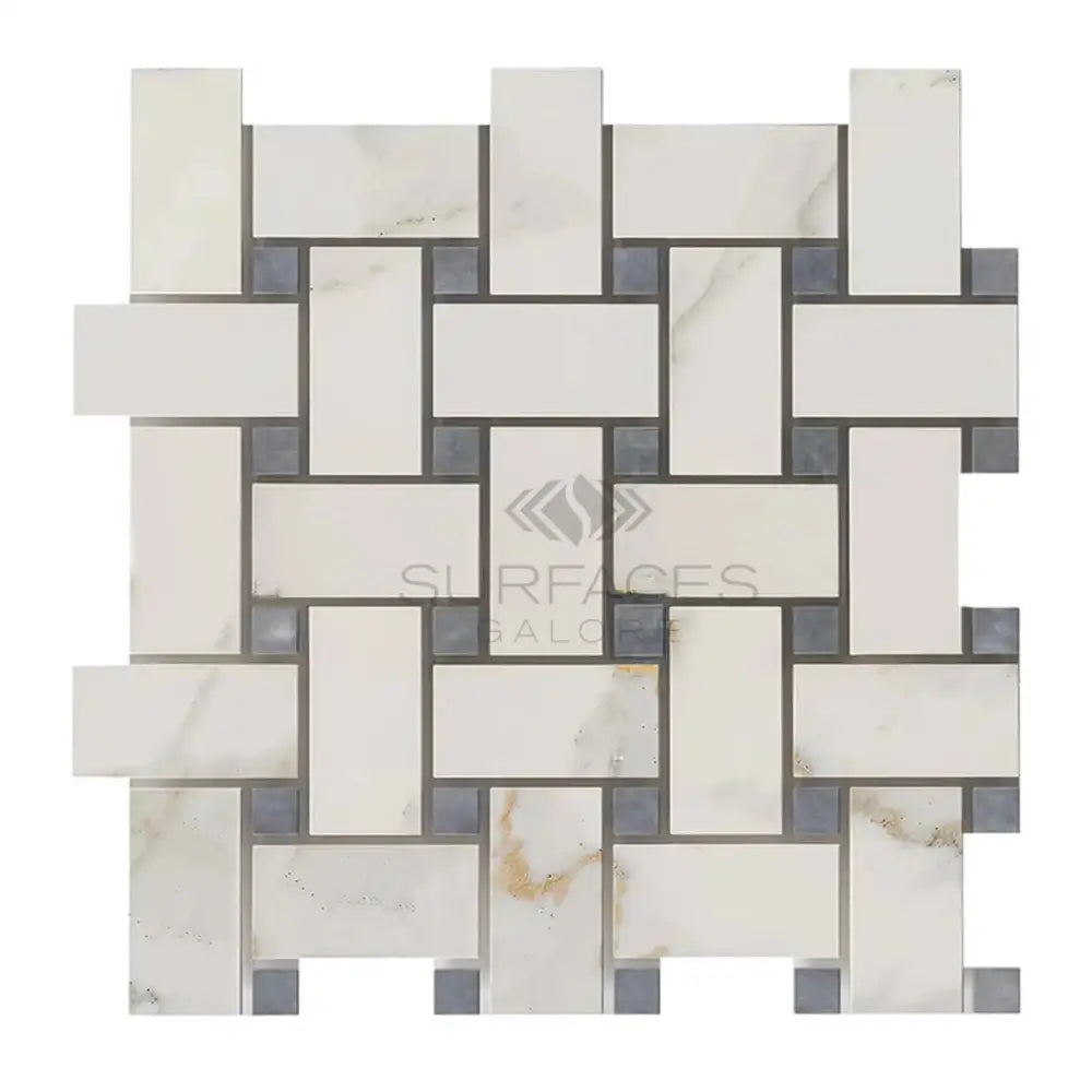 Woven pattern of rectangular Calacatta Gold Select marble tiles in blue-gray mosaic