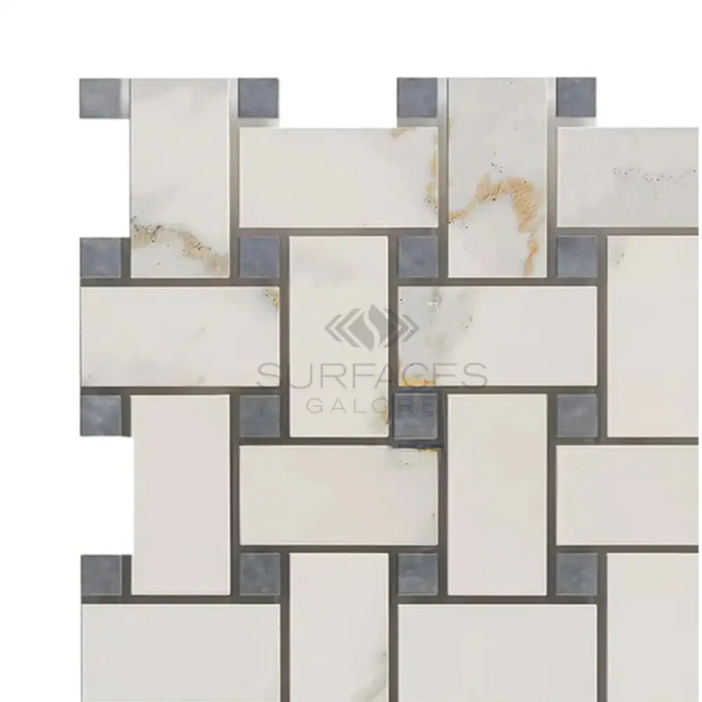 Calacatta Oro (Gold) Select Basketweave Mosaic (w/Blue-Gray-(LARGE)) Mosaic Marble Tile-American Stone