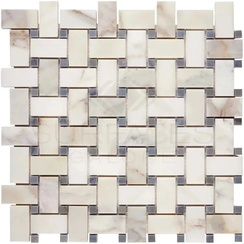 Woven pattern of Calacatta Gold Select and Blue-Gray Mosaic Marble Tiles