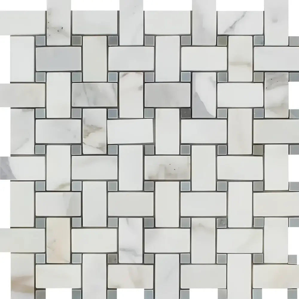Woven marble tile pattern from Calacatta Gold Select Gold Basketweave Mosaic with Blue-Gray finish