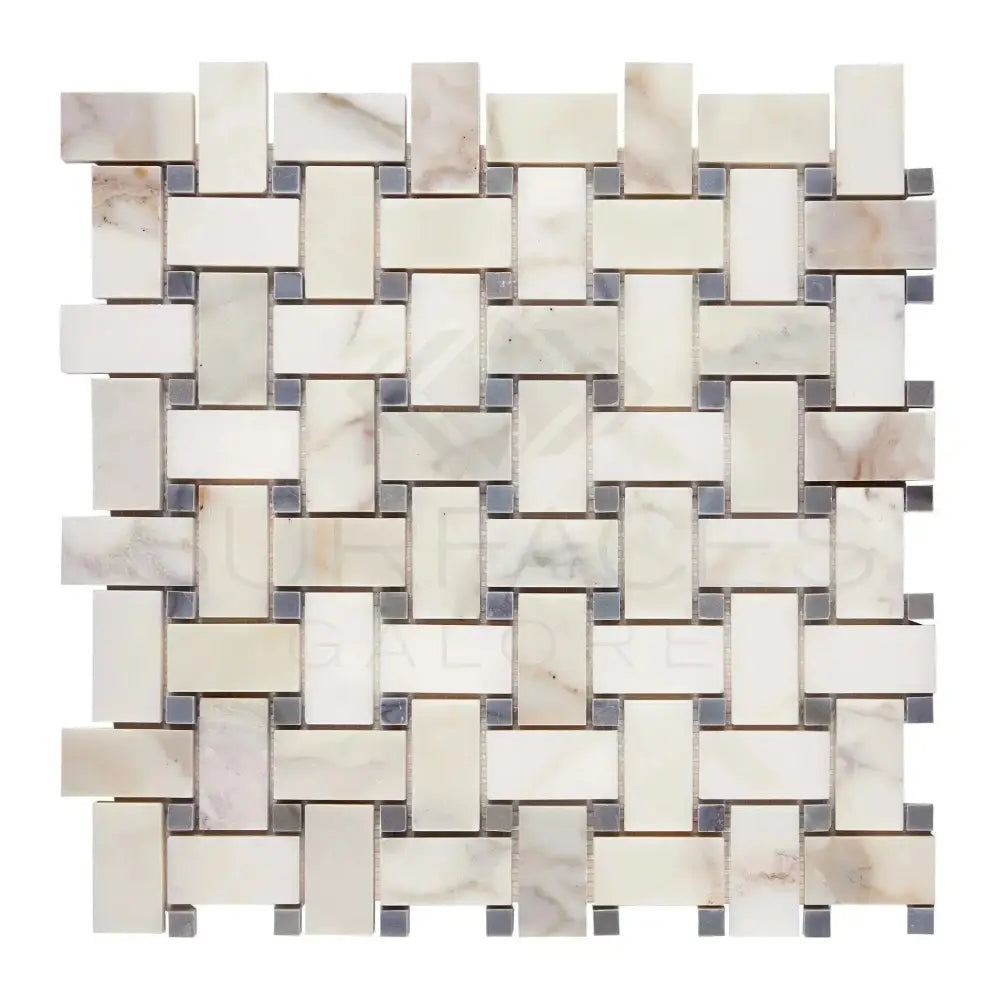 Woven Calacatta Gold Mosaic Tile with Blue-Gray accents for elegant flooring or backsplash