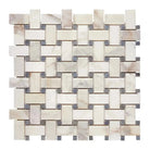 Woven Calacatta Gold Mosaic Tile with Blue-Gray accents for elegant flooring or backsplash