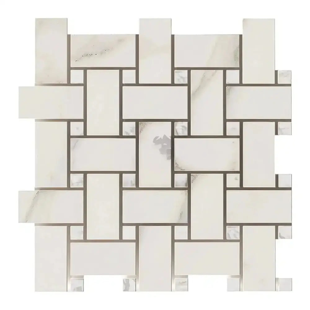 Woven pattern of White and Marble Tiles from Calacatta Gold Select Mosaic Tile