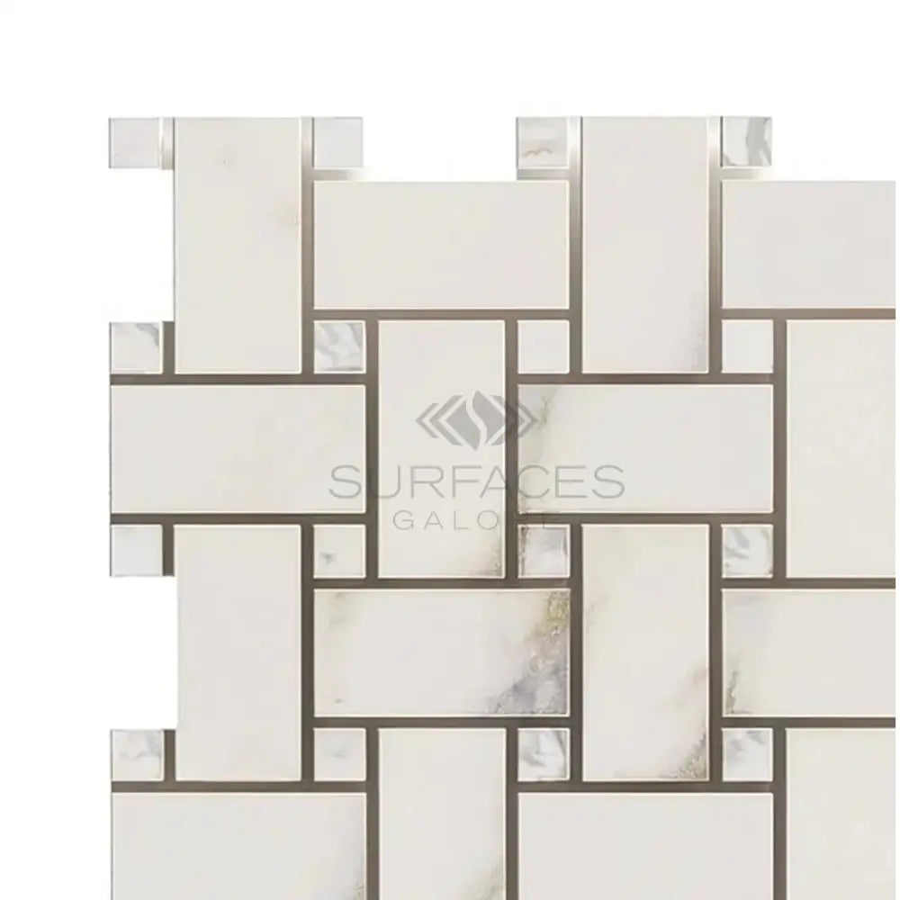 White and silver mosaic tile from Calacatta Gold Select Gold Basketweave Marble Tile