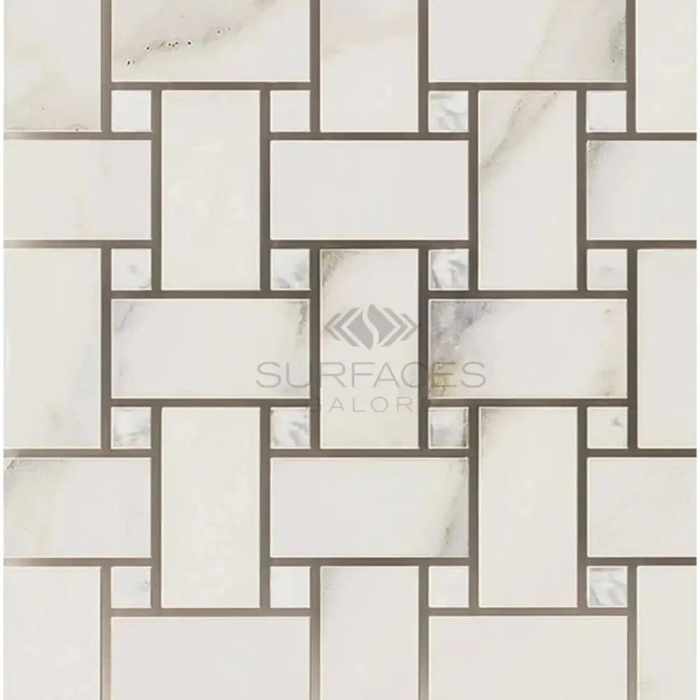 White and gray basketweave marble tile from Calacatta Gold Select Mosaic collection