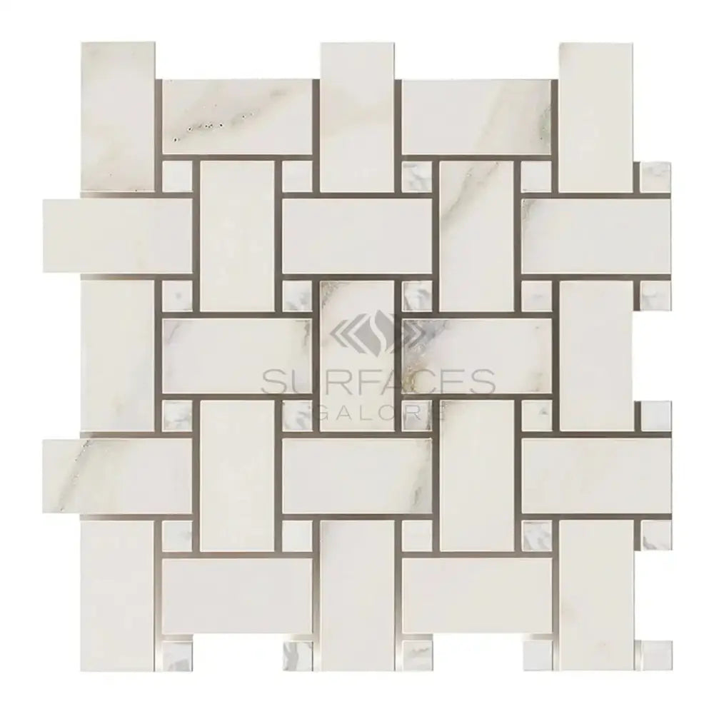 White and gray woven mosaic tile from Calacatta Gold Select Basketweave Marble Mosaic