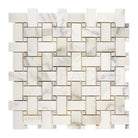 White marble basketweave mosaic tile in Calacatta Gold Select Gold finish