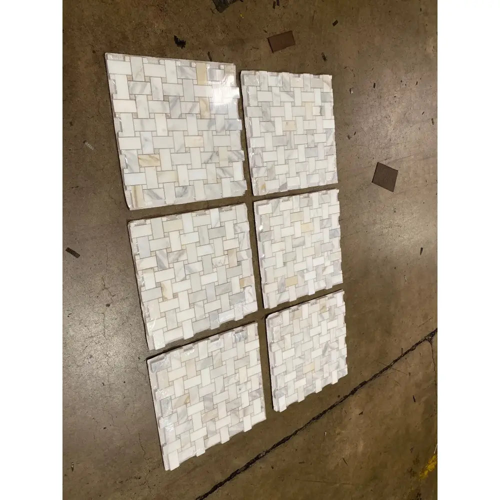 Rectangular white marble basketweave tiles for luxurious Calacatta Gold Select Mosaic installation