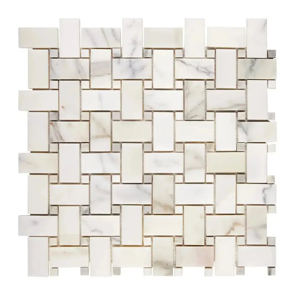 Woven marble mosaic tile featuring Calacatta Gold Select Gold Basketweave design