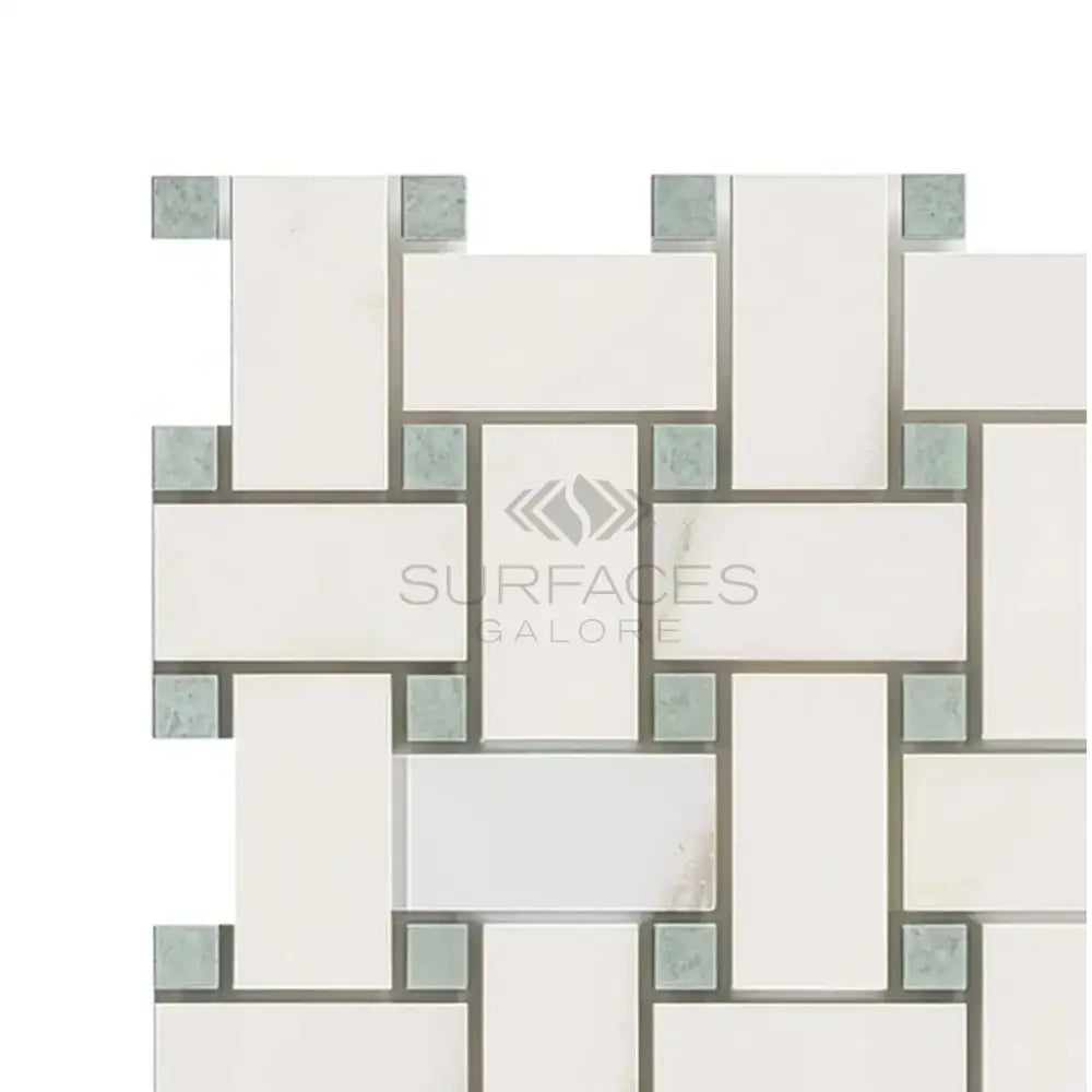 White and green mosaic tile pattern from Calacatta Gold Select Gold Basketweave Mosaic marble tile